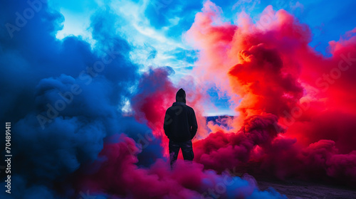 Person standing in between color smoke bombs photo