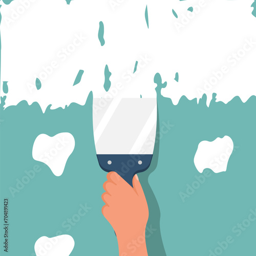 Hands with spatula. The builder holds construction spatula in hand and applies finishing putty to the drywall. Putty knife in the hand of home master. Cement trowel. Vector illustration flat design.