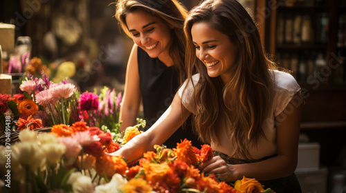 Floristry concept, Woman florist holding flowers with smiling happiness in flower shop.