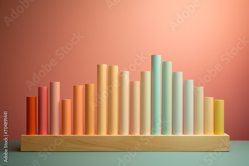 Business, science, finance, marketing, graphic resources concept. Wooden pastel colored cylinder blocks shape bar charts illustration. Minimalist background with copy space