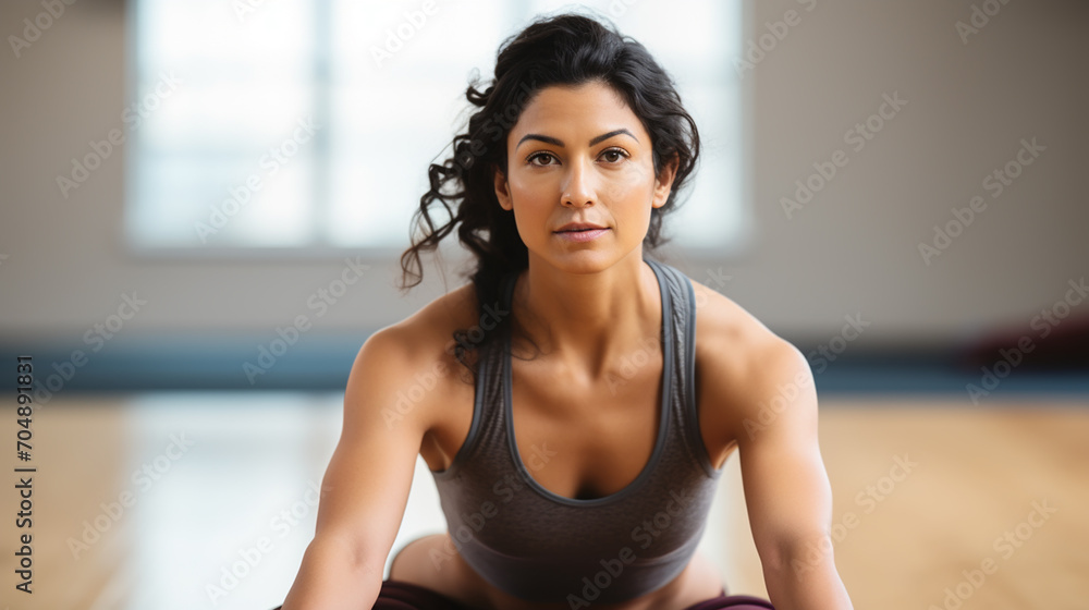 Back view of attractive girl in sportswear sitting in lotus position while doing yoga