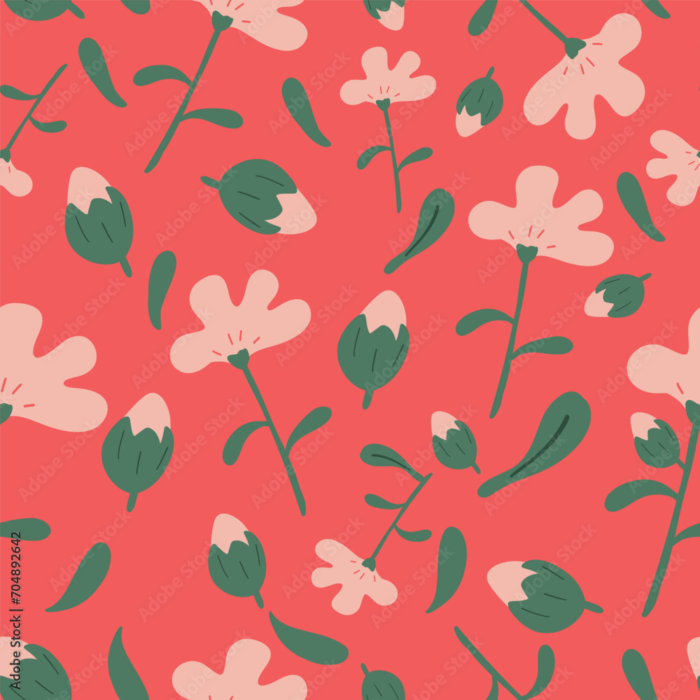 Pink hippie flowers flat design on red background seamless pattern Pink hippie flowers flat design on red background seamless pattern