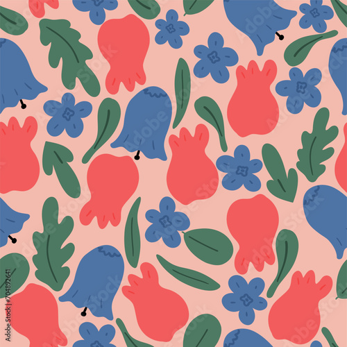 Tulips and belled flowers leaves flat design seamless pattern