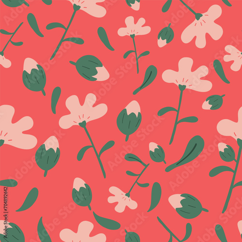 Pink hippie flowers flat design on red background seamless pattern