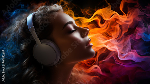 Fashion pretty woman with headphones listening to music over color neon waves and lines background at studio.