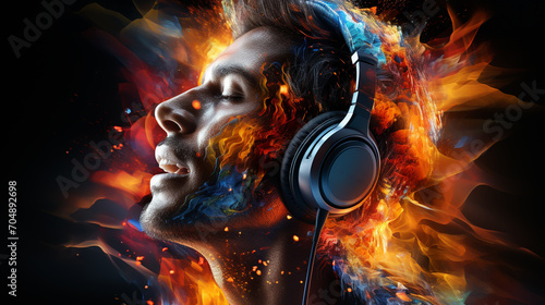 Positive man listening music with headphones on background with spectrum waves and powder explosion. Stylish guy enjoying music inspired concept.
