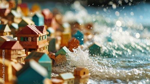 A huge wave washes away from back a toy town made of wooden blocks