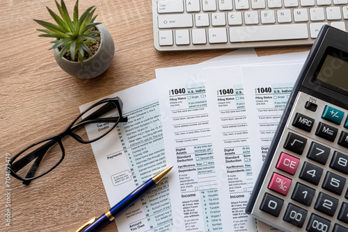 top view of 1040 tax form with pen laptop and glasses on office desk