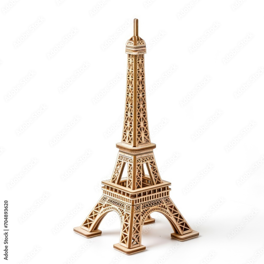 Toy small wooden world architectural landmark Eiffel Tower isolated on white background