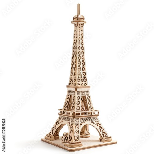 Toy small wooden world architectural landmark Eiffel Tower isolated on white background © shooreeq