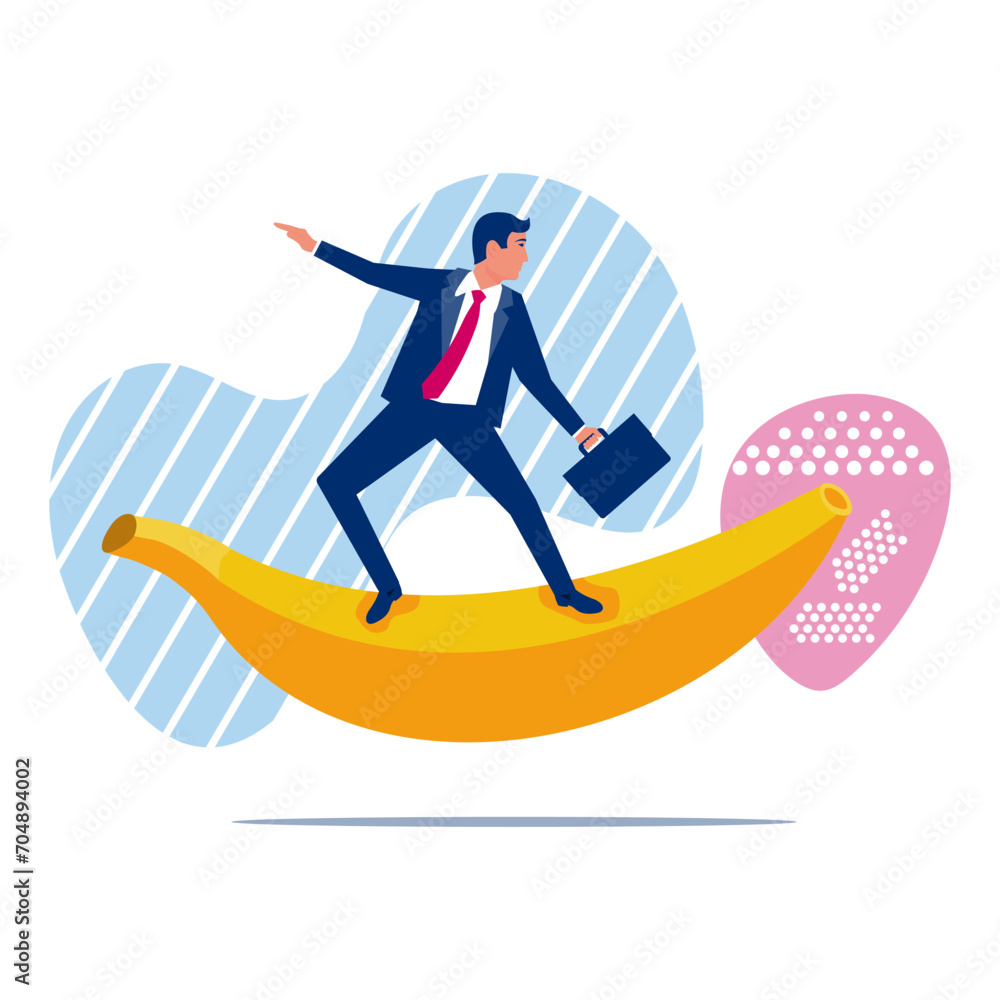 Obraz premium Banana surfing. Creative businessman rushes forward towards the goal. Vector illustration art design. Isolated on white background.