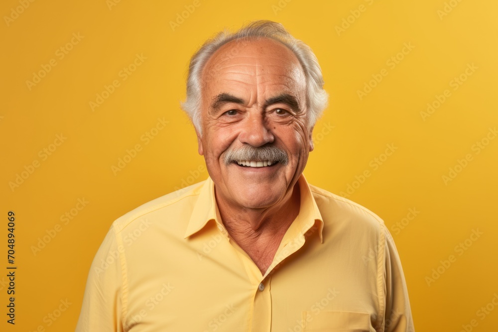 Portrait of a happy senior man on a yellow background. Portrait of a smiling elderly man. Portrait of a happy senior man on a yellow background. Portrait of a smiling elderly man.