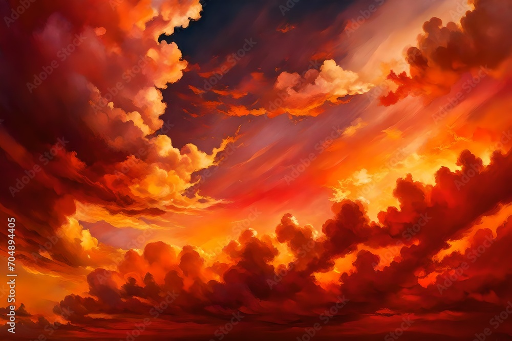 Intense close-up of vibrant, fiery clouds in shades of crimson and gold, evoking a sense of passion and drama in the evening sky.