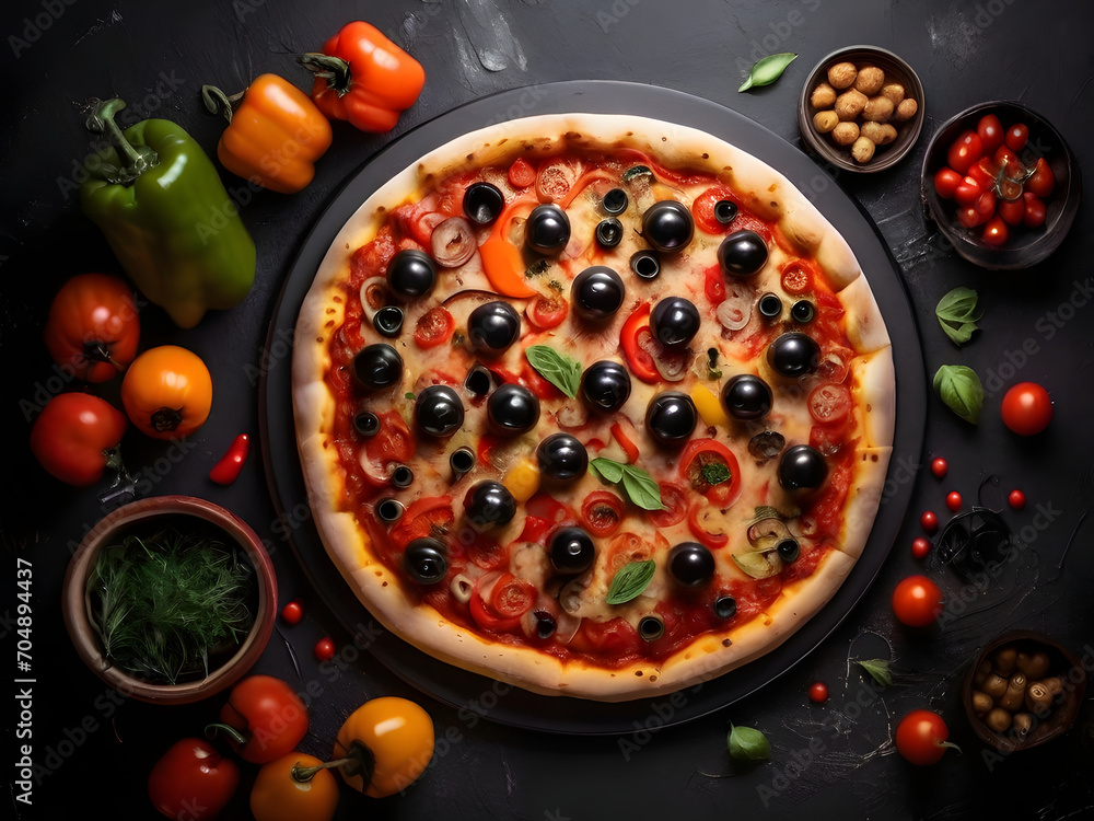 pizza with tomatoes and olives, pizza with mushrooms ,pizza on a board,  pizza on dark background