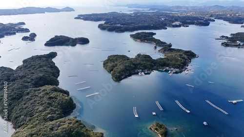 Aerial view of small islands in Japan with deeply indented coastline