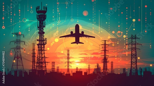 Skyline Synchronicity Fusion of Communication Towers and Airplane Silhouette in High-Tech Aviation