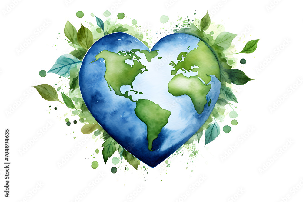 Watercolor  drawing of heart shaped world map. Save the planet concept - obrazy, fototapety, plakaty 