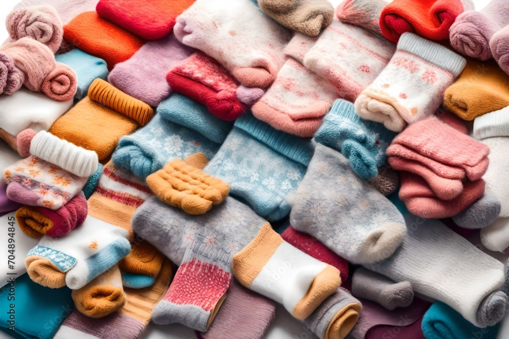 A pile of fluffy winter socks in cheerful colors, arranged on a soft, snow-white background.