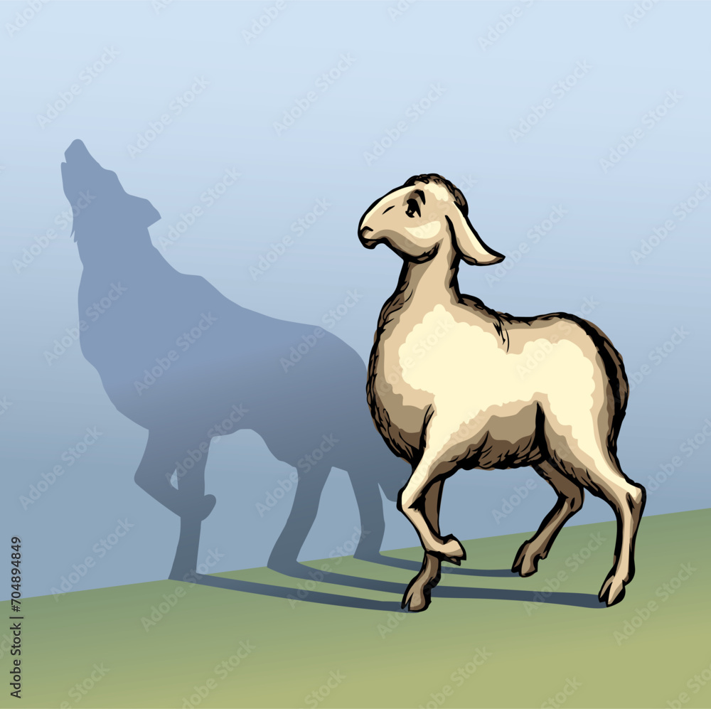 Vector drawing. Cute small sheep with shadow of wolf Vector drawing. Cute small sheep with shadow of wolf