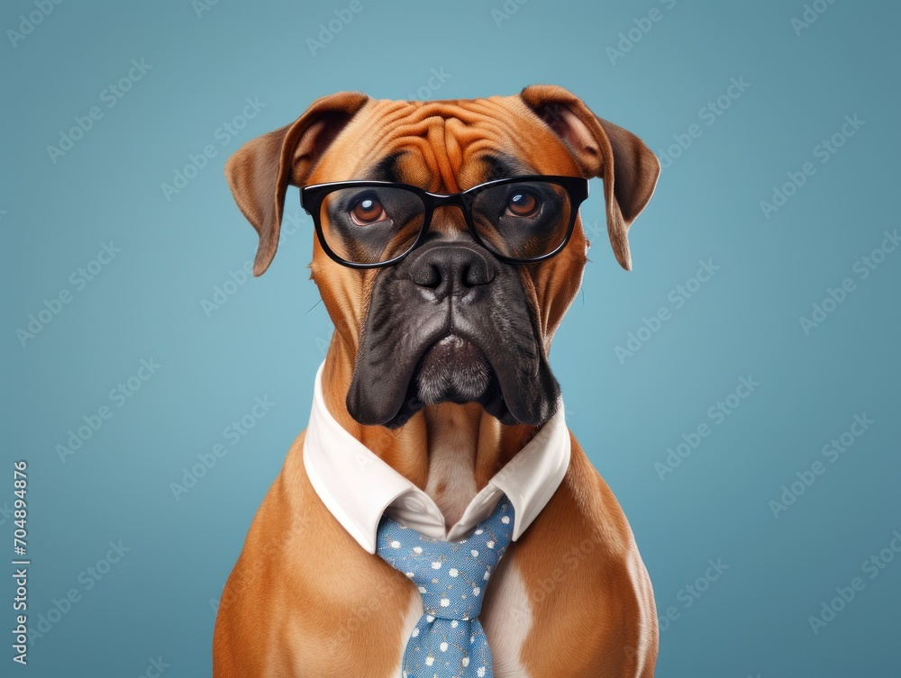 portrait photo of anthropomorphic fashion Boxer Dog dressed for Teacher's Day. Back-to-school concept.