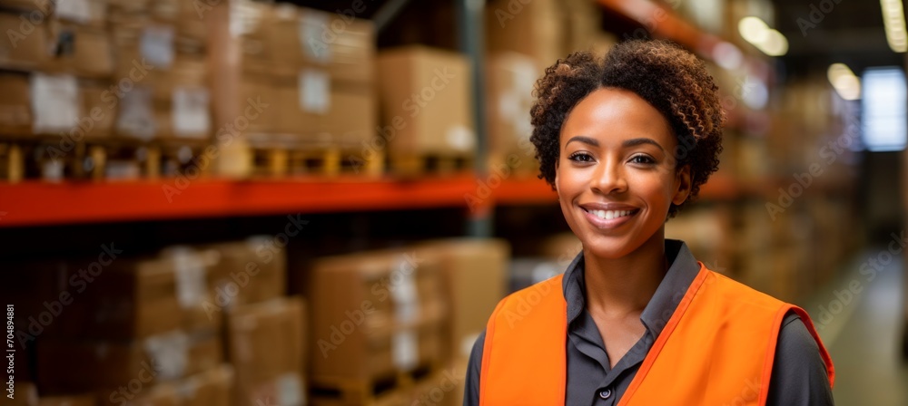 Naklejka premium happy female warehouse worker in orange safety gear smiling in warehouse, horizontal background, copy space for text