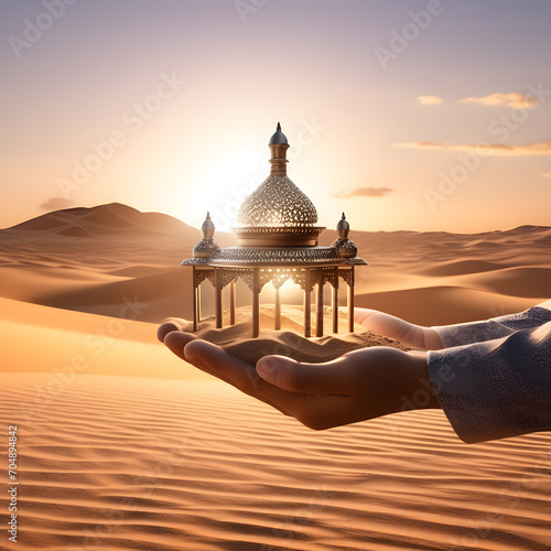 Hand holding sand with a miniature mosque on it at dusk  desert background
