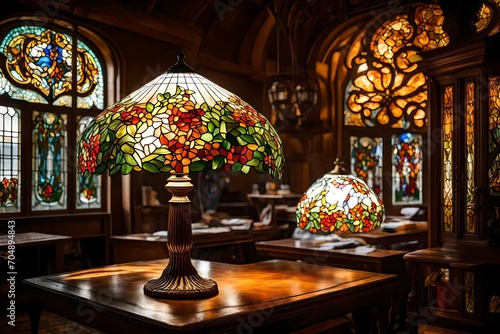 A Tiffany-style stained glass lampshade, illuminated by sunlight, casting vibrant colors across the room. photo