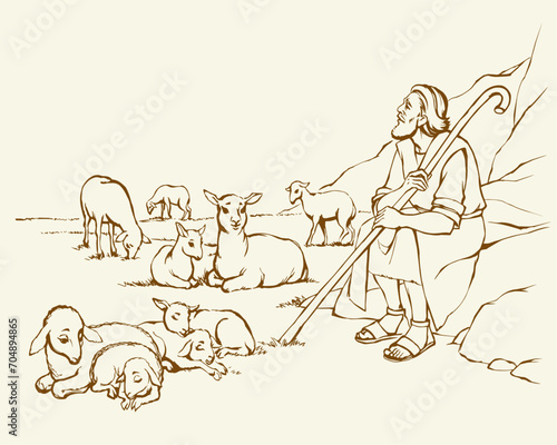Vector drawing. Shepherd with sheep