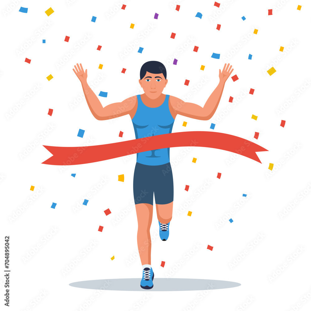 Runner at the finish line. Sprinting athlete at the finish with a winning tape. Vector illustration flat design. Isolated on white background. Sport man. Speed race and winner. Runner at the finish line. Sprinting athlete at the finish with a winning tape. Vector illustration flat design. Isolated on white background. Sport man. Speed race and winner.