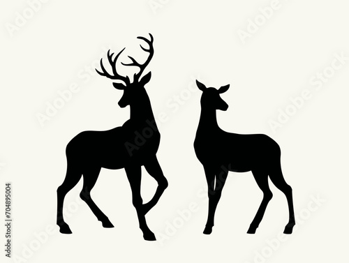 Silhouette of deer in the grass by the oaks. Vector drawing