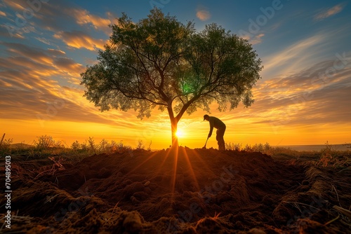 Elderly man digging soil near a tree at sunset. photo