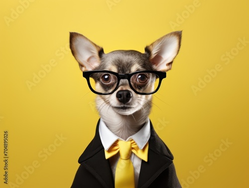 portrait photo of anthropomorphic fashion Chihuahua Dog dressed for Teacher's Day. Back-to-school concept.