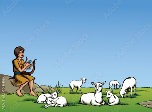 Vector drawing. Guy playing the harp at the field