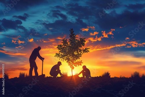 A father and his two children planting a tree at sunset.