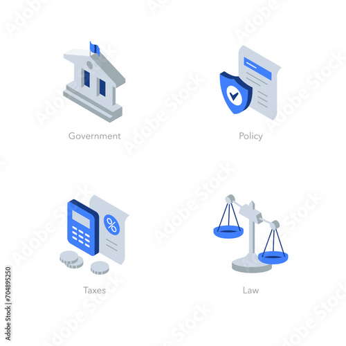 Simple set of isometric flat icons for national governance. Contains such symbols as Government, Policy, Taxes and Law.