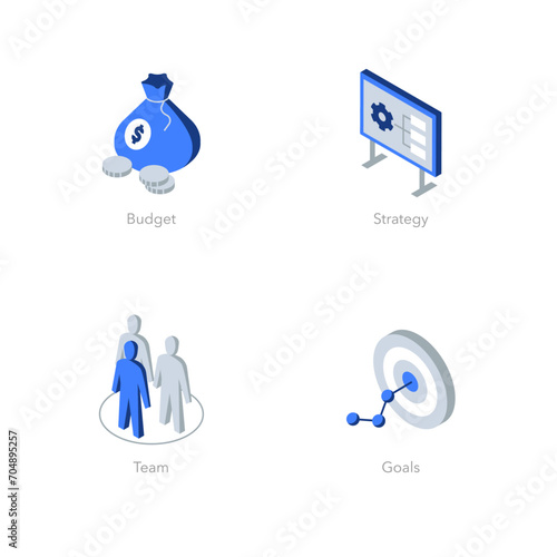 Simple set of isometric flat icons for business plan. Contains such symbols as Budget, Strategy, Team and Goals.