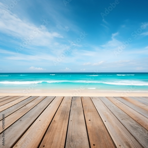 Wooden dock over caribbean sea with white sand beach and blue sky