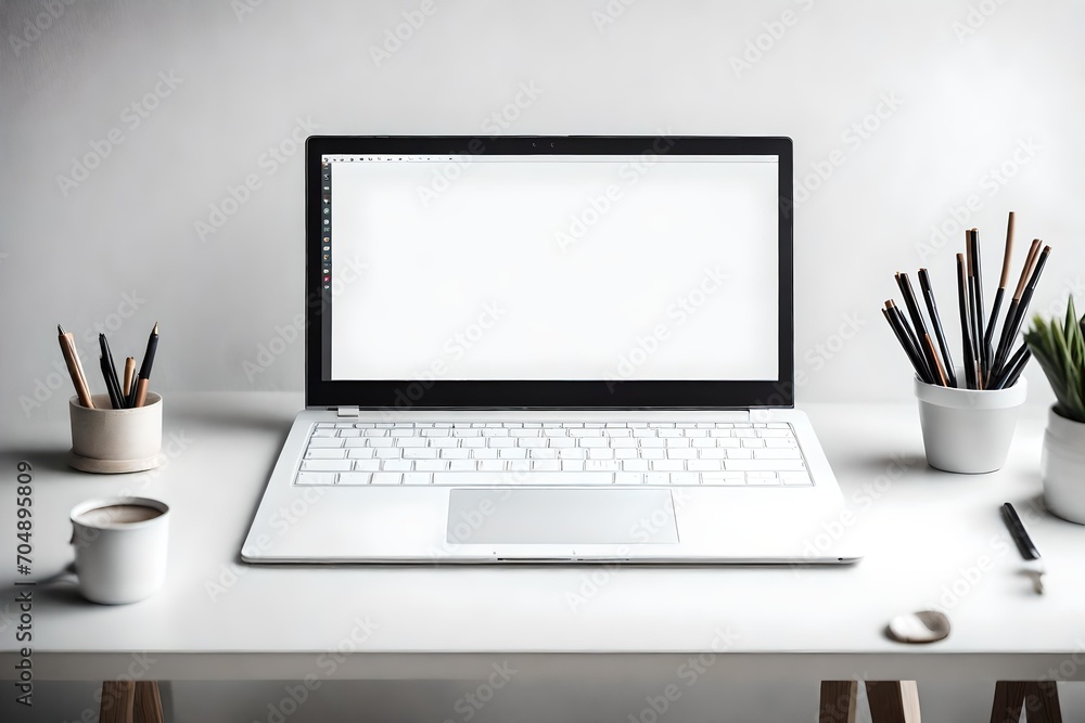 Fototapeta premium A closed white laptop with a plain screen, sitting on a minimalist desk.