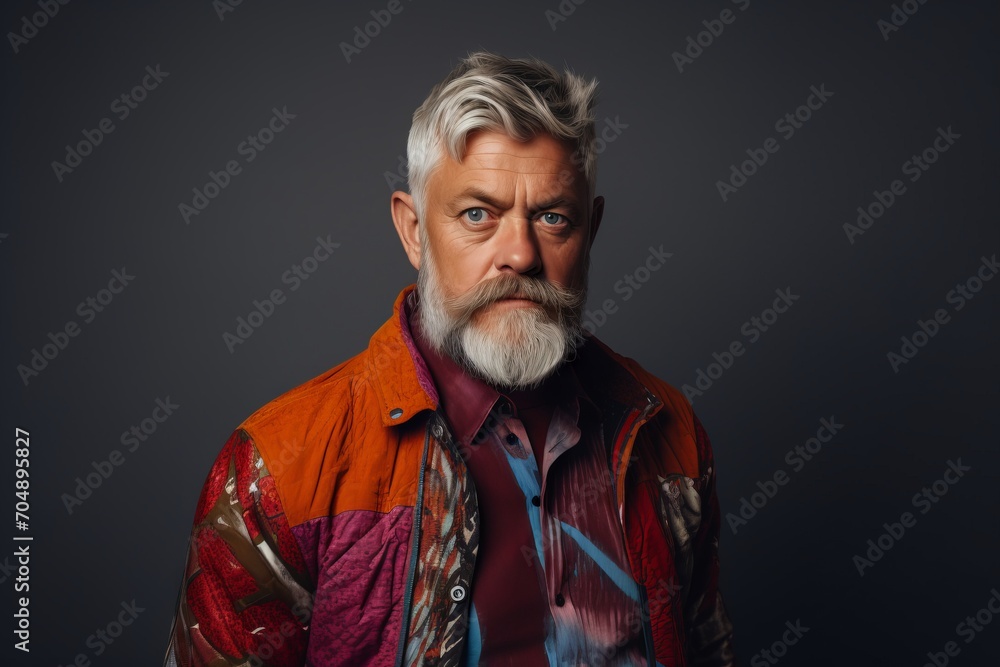 Portrait of an old man with grey hair and beard, dressed in a colorful jacket.