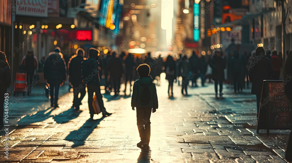 A lonely boy stands in the middle of the city. The boy got lost in the big city. A lonely boy stands in the middle of the city. The boy got lost in the big city.
