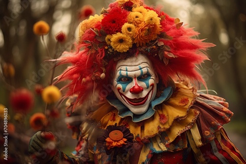 Whimsical clown in colorful costume