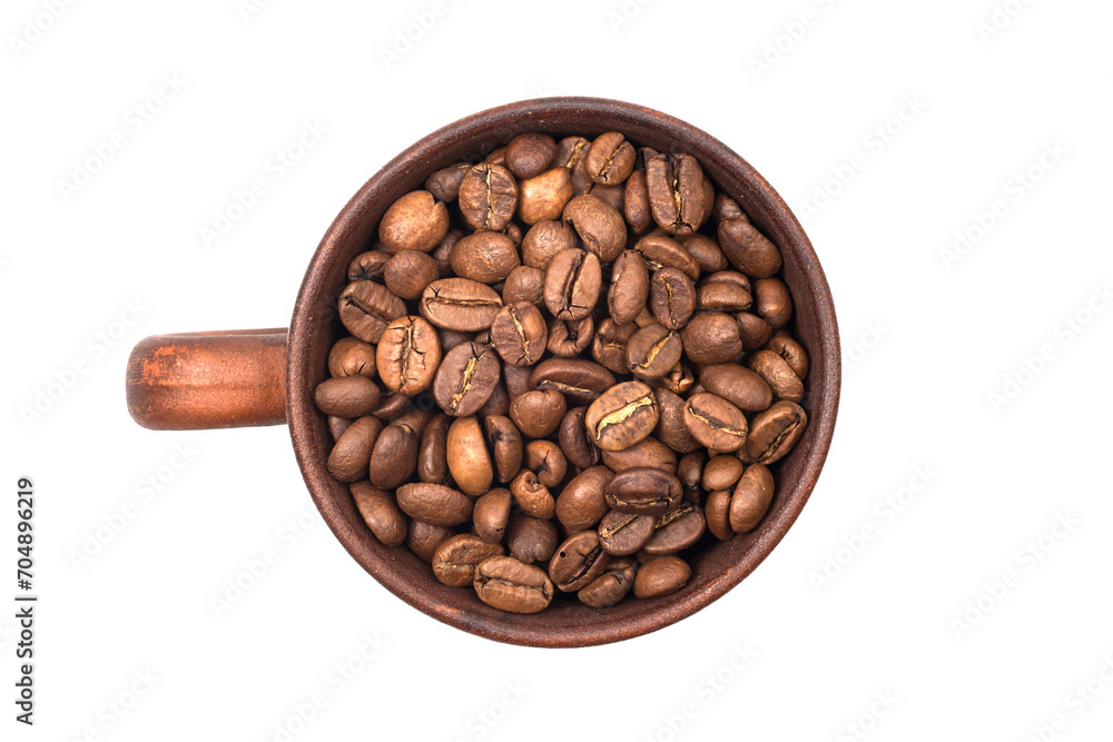 Roasted coffee beans isolated on white background. Top view