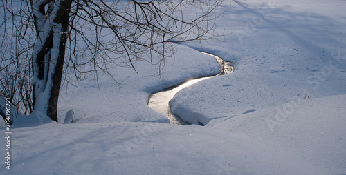 In early spring  the stream flows among the melting snows.