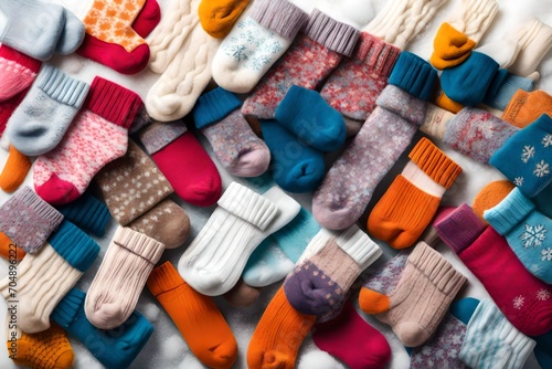 A pile of fluffy winter socks in cheerful colors, arranged on a soft, snow-white background. photo