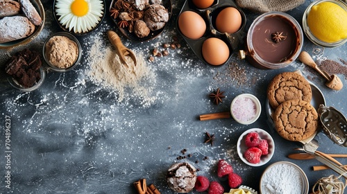 Flat Lay composition, ingredients for baking cookies on a gray background, copy space. Making cookies or cupcakes for Valentine's Day, Mother's Day, Father's Day. The concept of festive food  photo