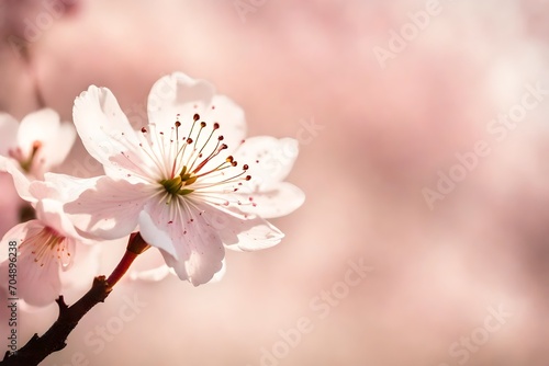 A close-up of a single cherry blossom, its delicate pink petals gently falling against a soft blush background.
