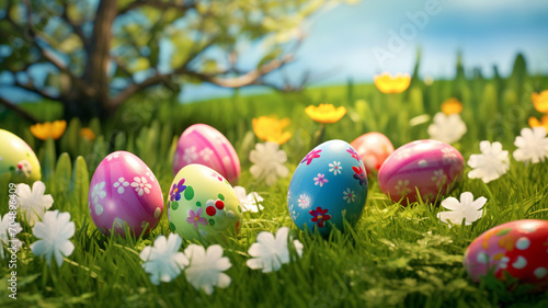 Happy Easter holiday with eggs pastel colors on green lawn, easter concept