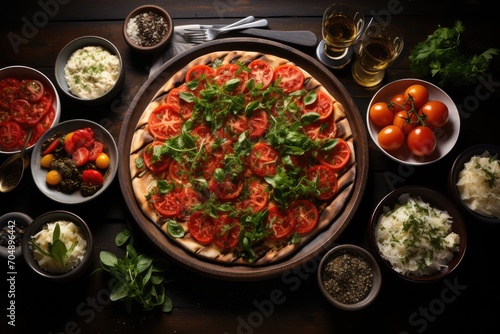 Full table of Italian meals on plates Pizza, pasta, ravioli, carpaccio. caprese salad and tomato bruschetta on black background