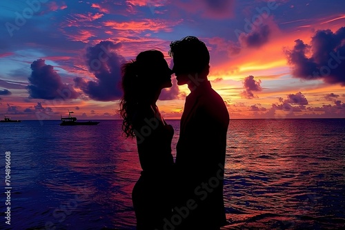 Romantic silhouette of a couple embracing and kissing against a vibrant, colorful sunset backdrop, evoking love, passion, and togetherness