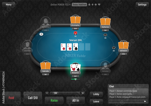 Poker table with players, cards and chips. Poker room. Texas hold'em online game. Vector illustration.